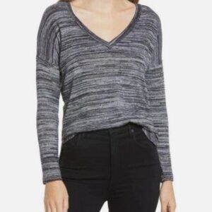Bobeau Charcoal Striped V-Neck Long Sleeve Top